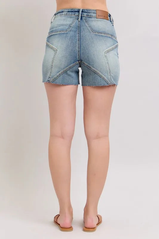 High-waist tummy control cuffed denim shorts.