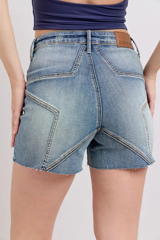 High-waist tummy control cuffed denim shorts.