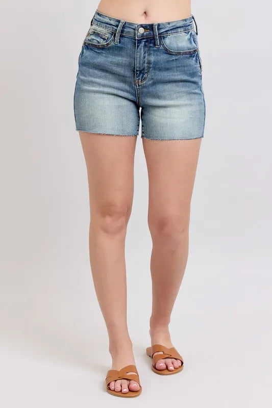 High-waist tummy control cuffed denim shorts.