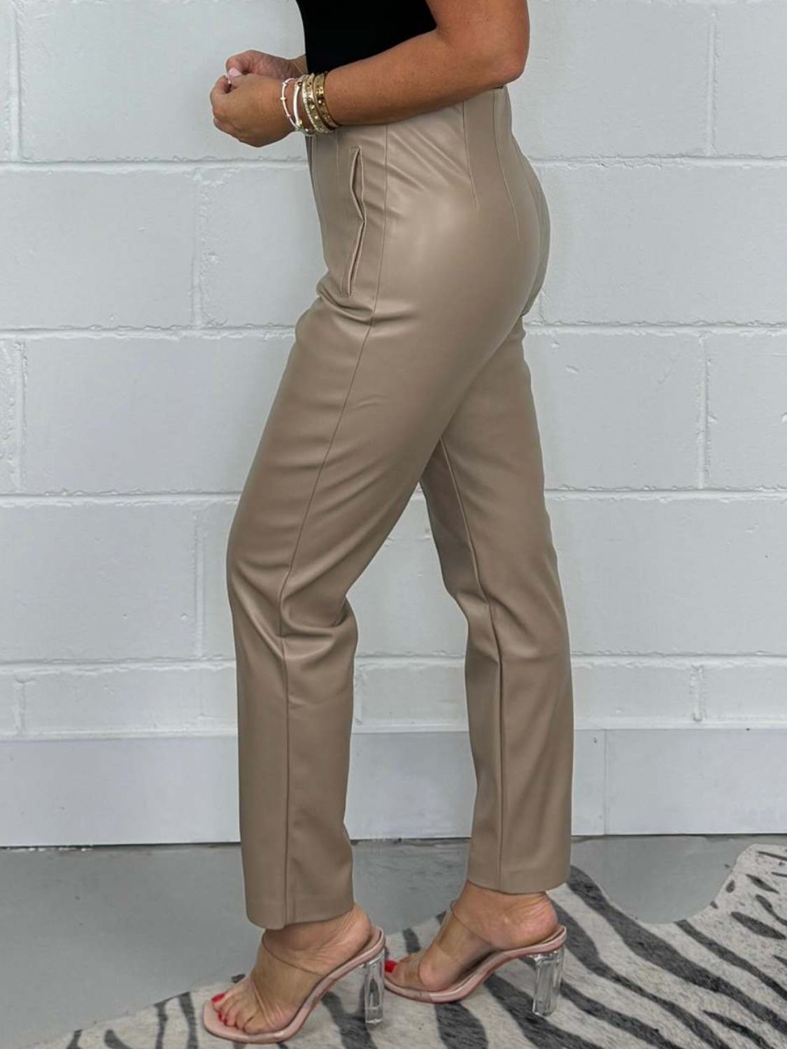 High waist straight pants plus size with buttons, opaque.