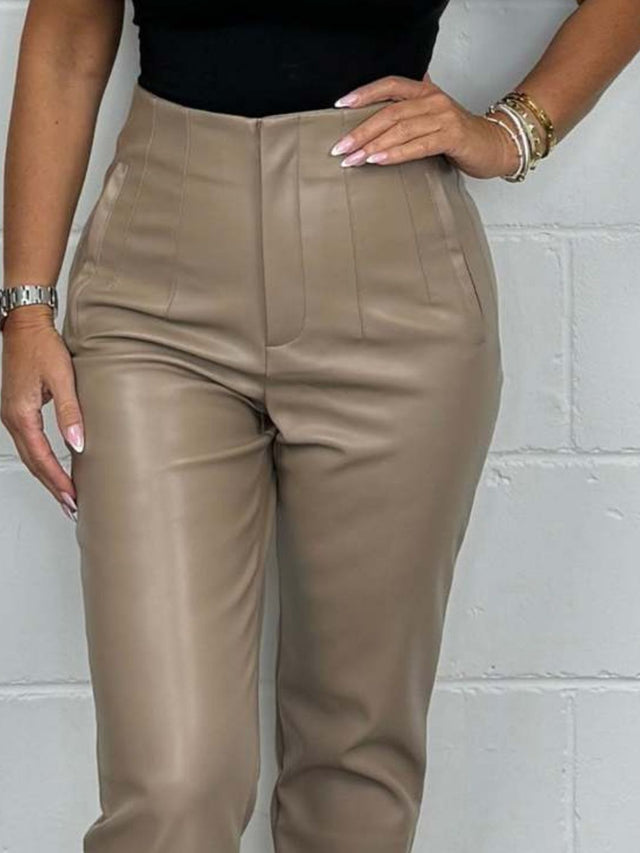 High waist straight pants plus size with buttons, opaque.
