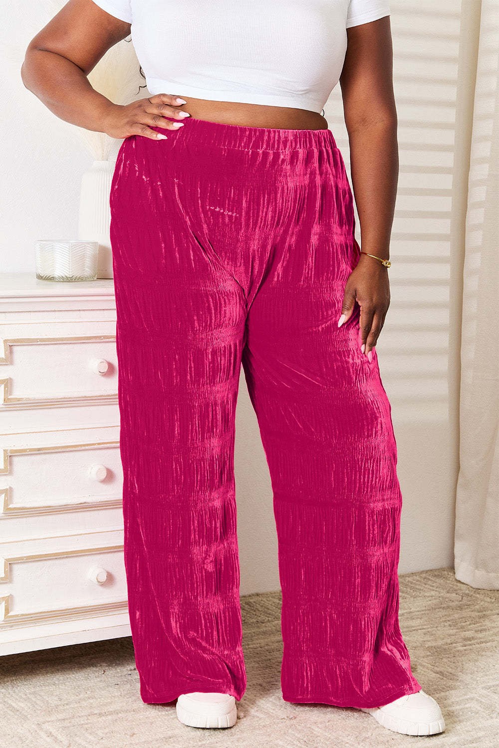 High waist tiered shirring velvet wide leg pants with pockets, opaque.