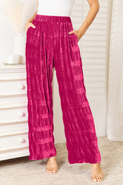 High waist tiered shirring velvet wide leg pants with pockets, opaque.