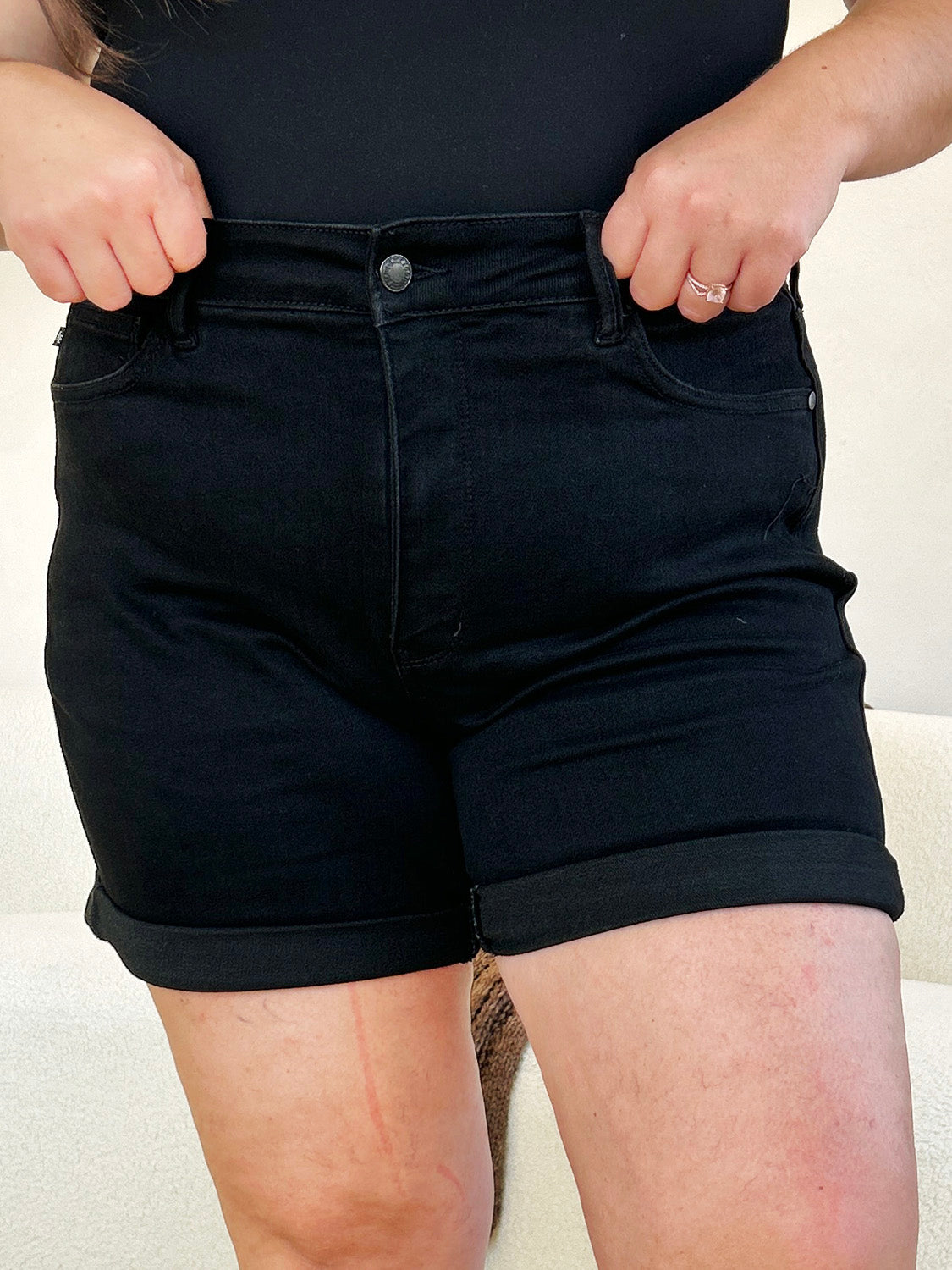 High-waist utility pocket denim shorts.