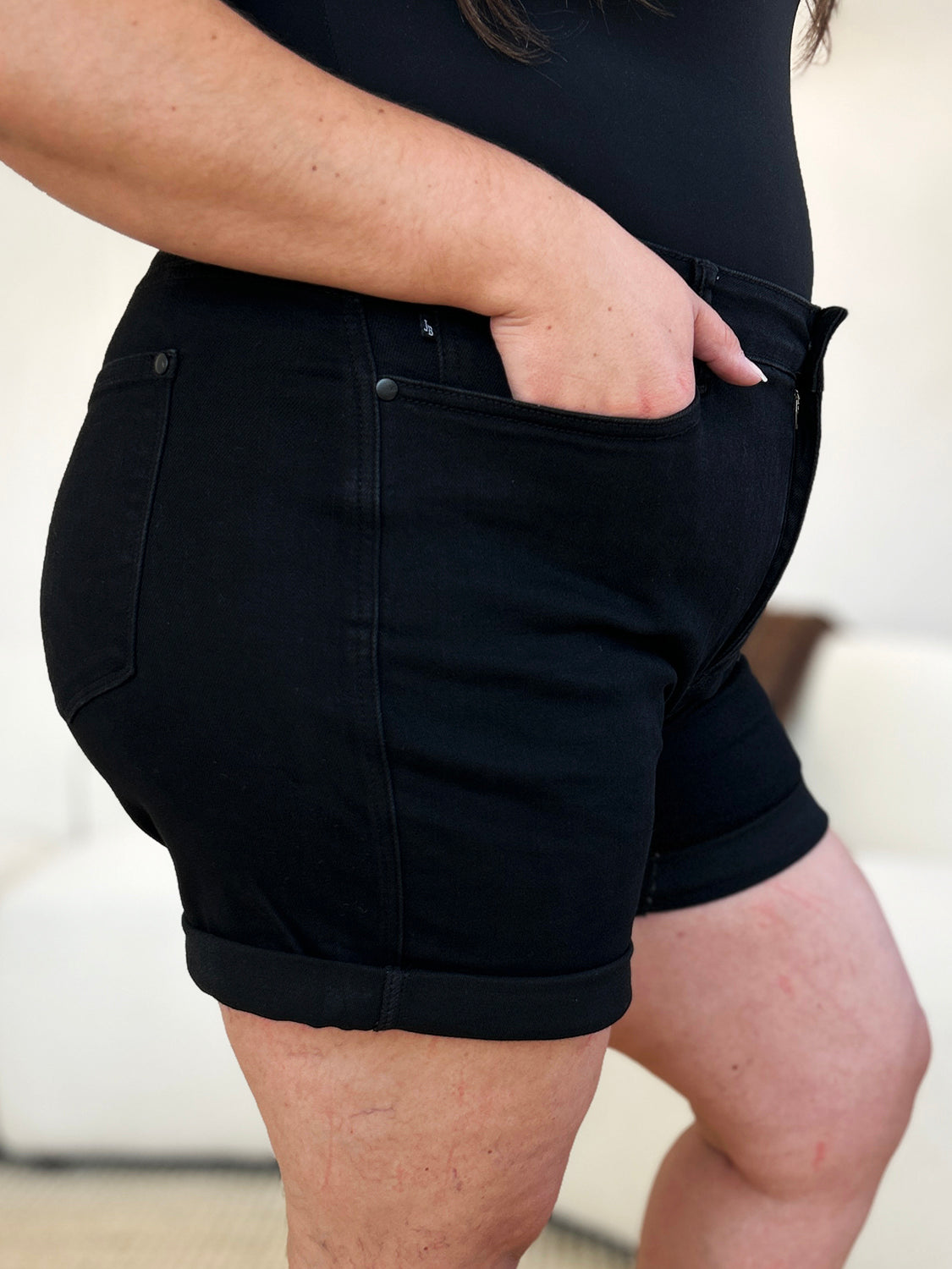 High-waist utility pocket denim shorts.