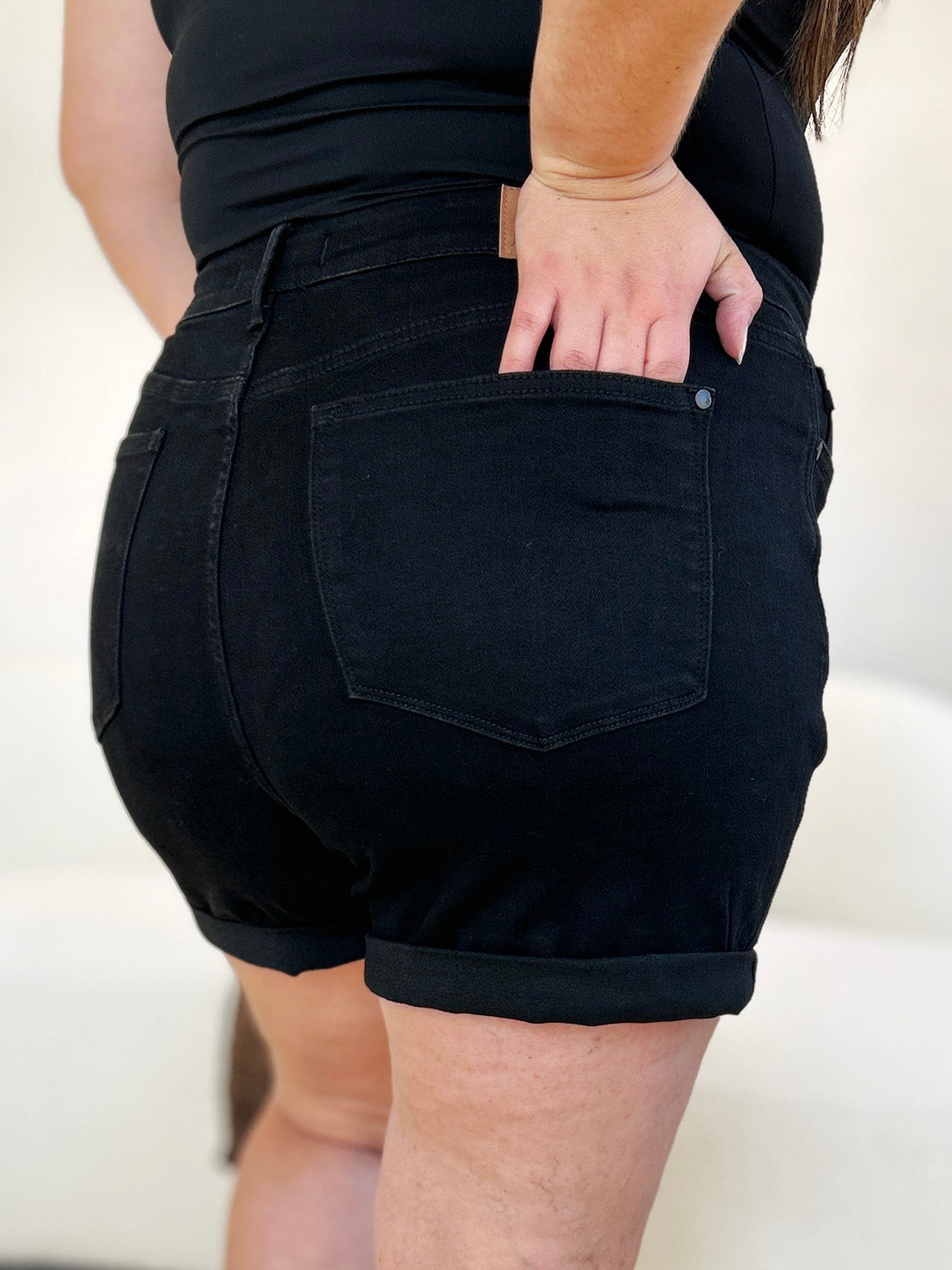 High-waist utility pocket denim shorts.