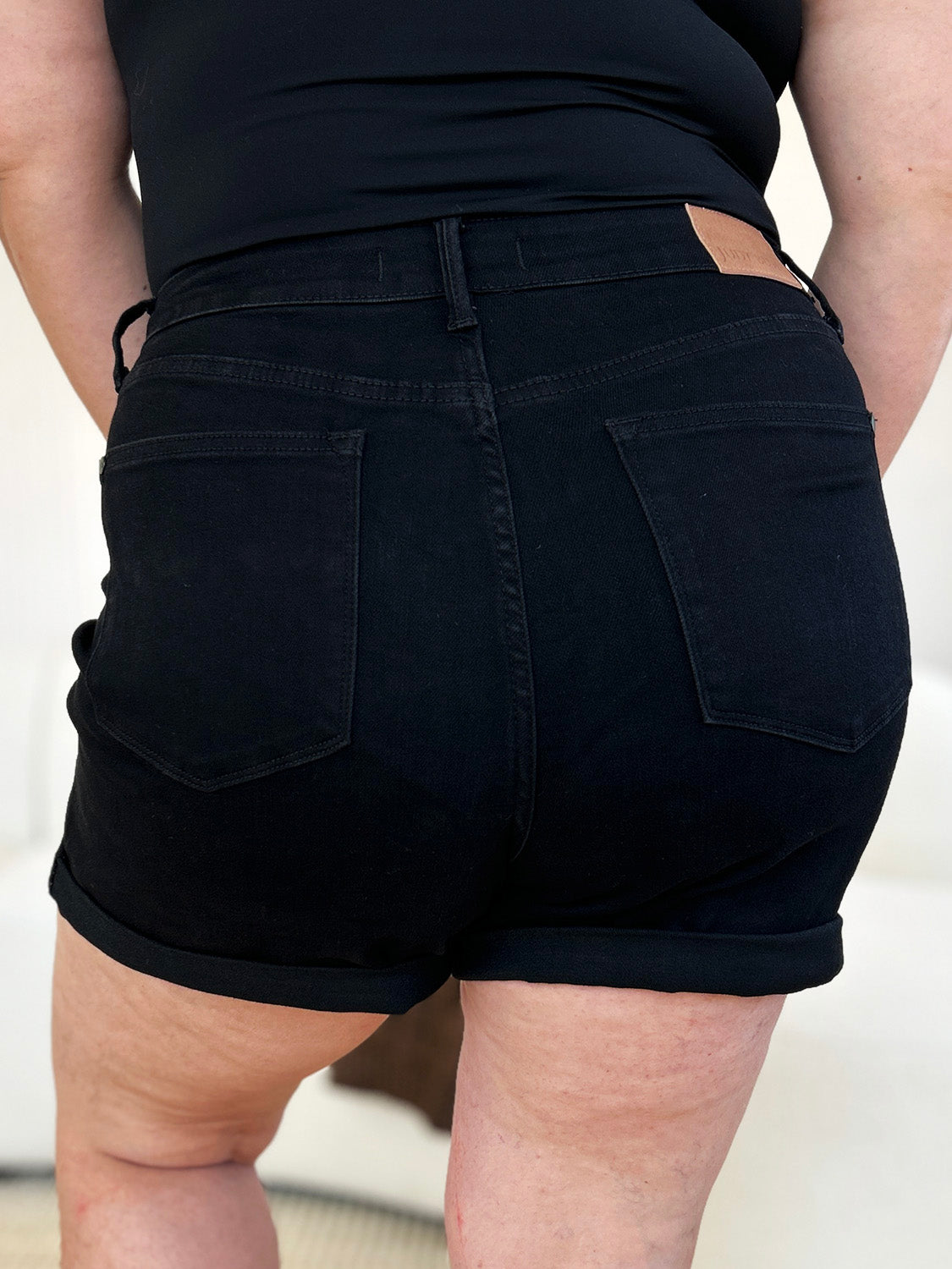 High-waist utility pocket denim shorts.