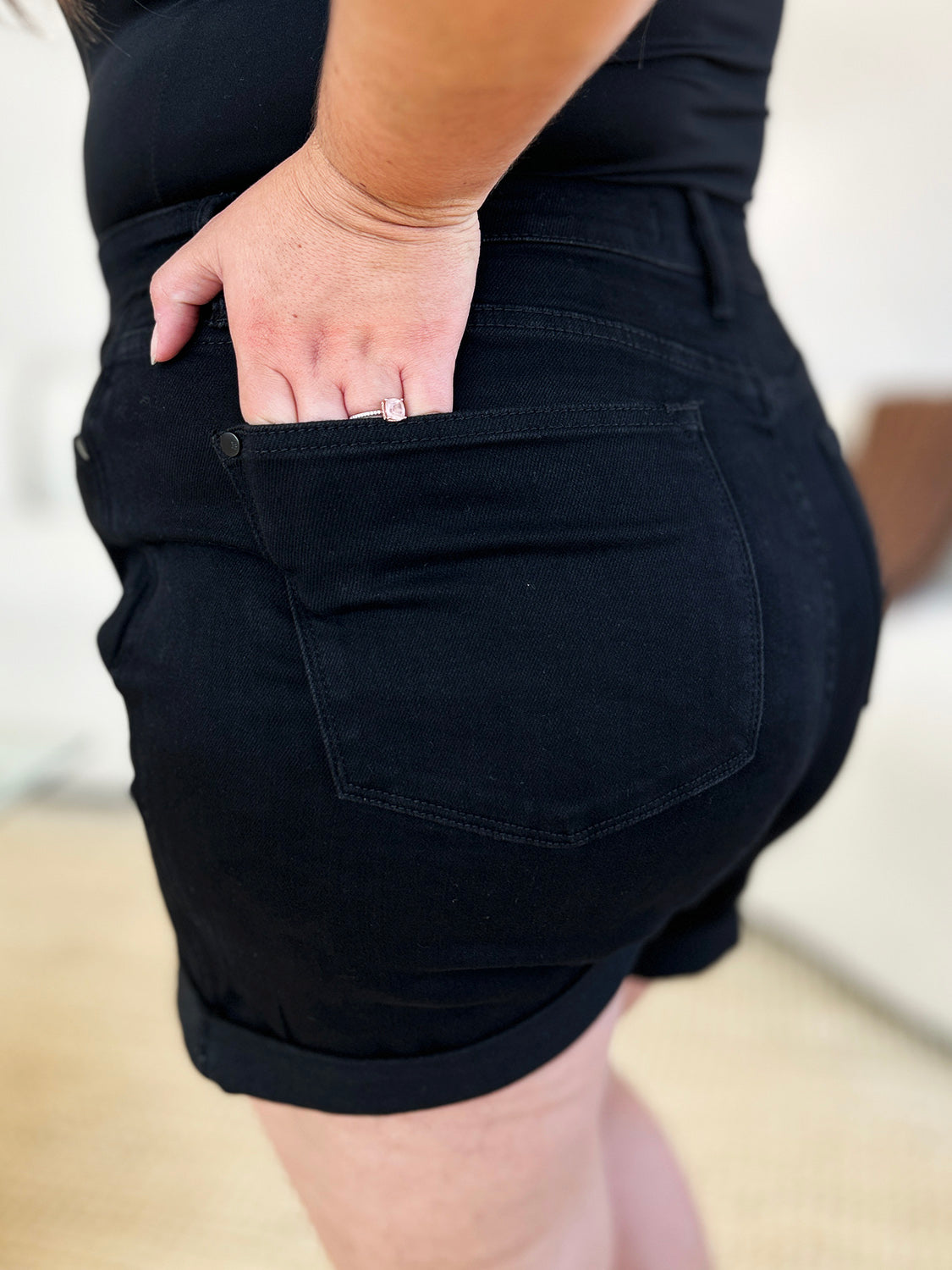 High-waist utility pocket denim shorts.