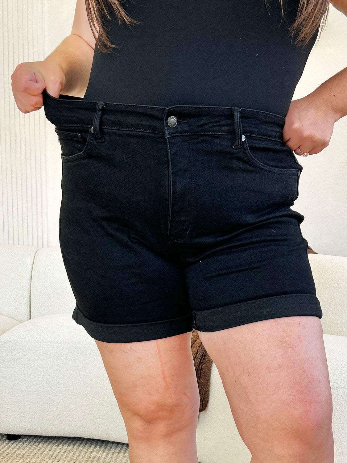 High-waist utility pocket denim shorts.
