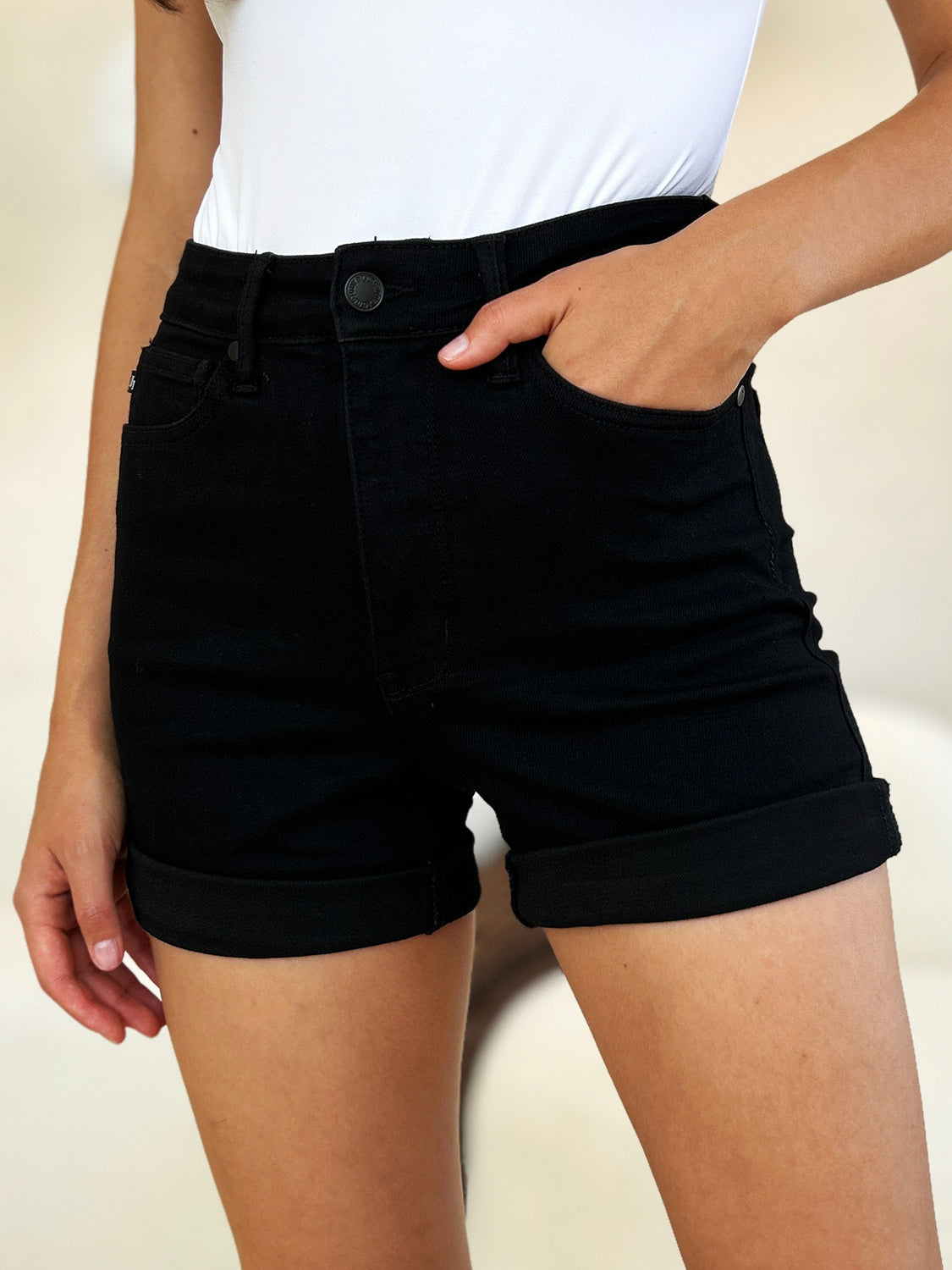 High-waist utility pocket denim shorts.