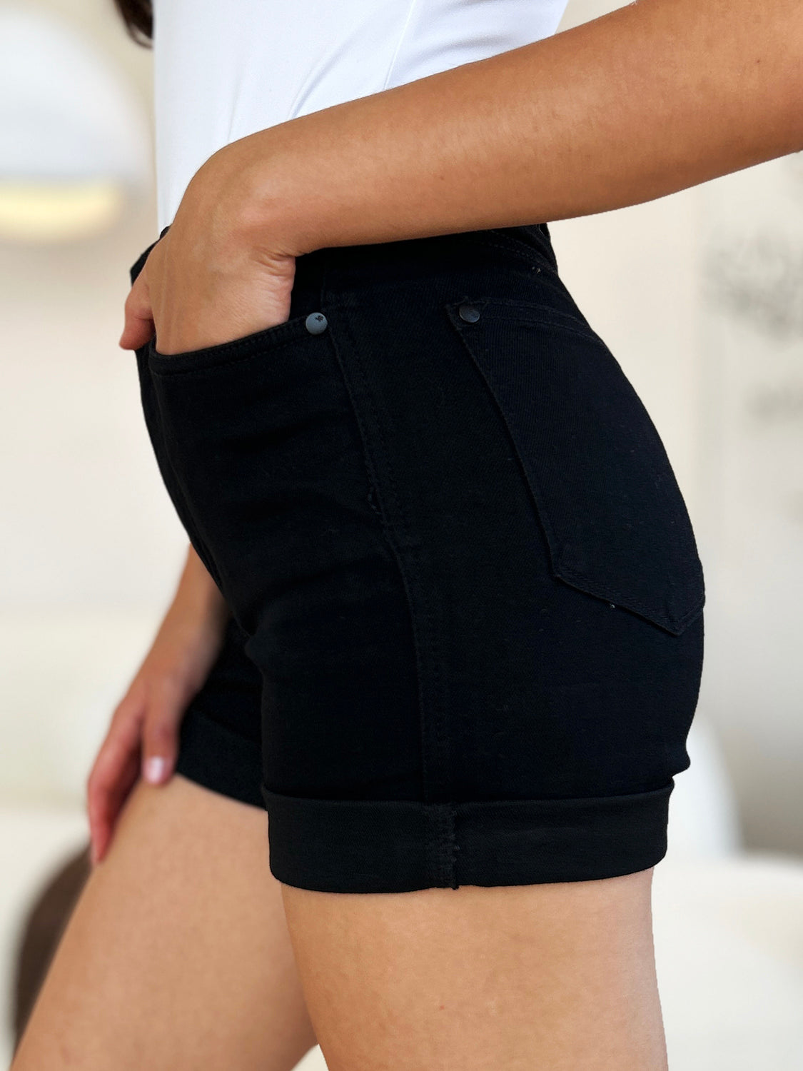 High-waist utility pocket denim shorts.