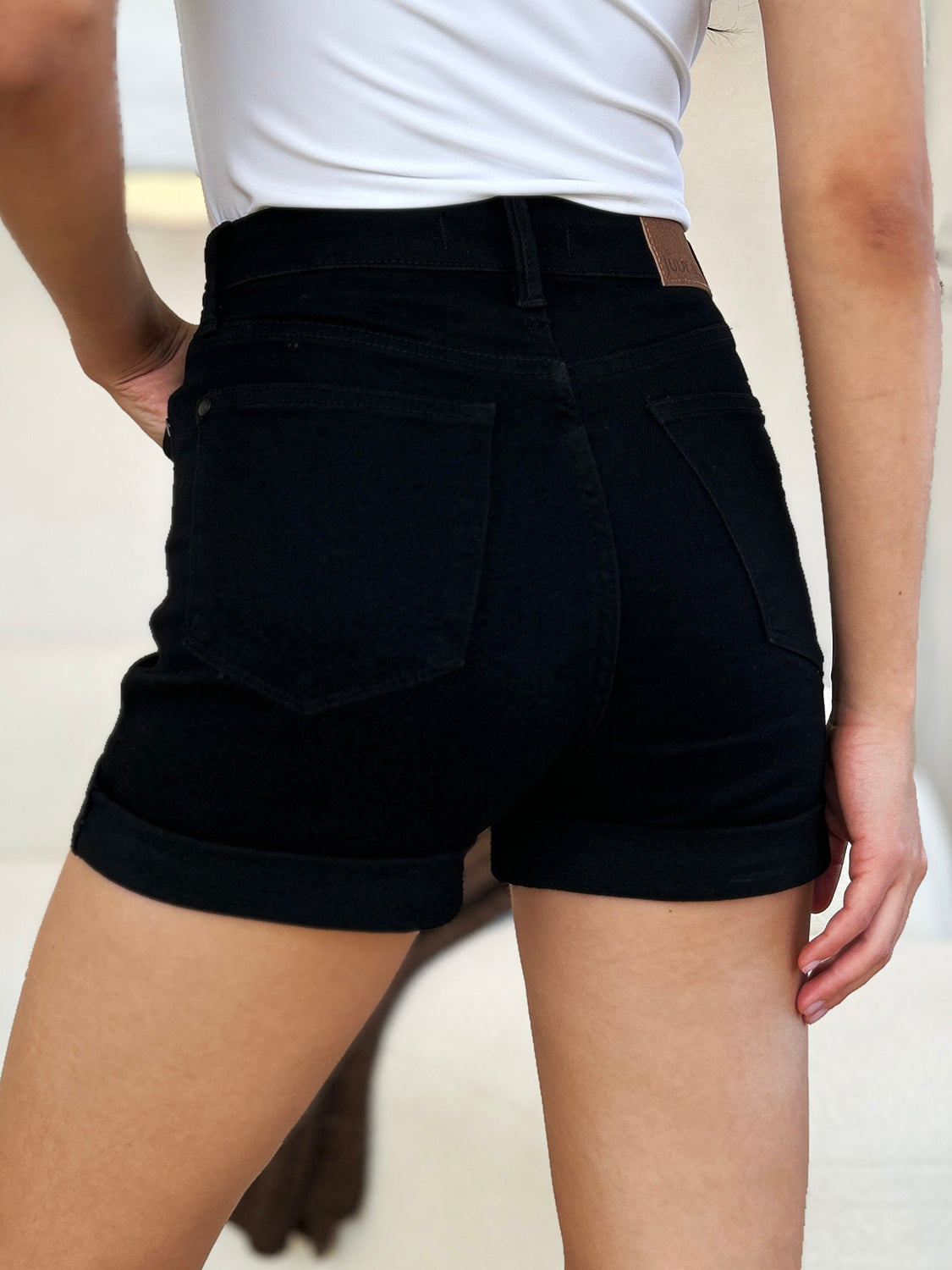 High-waist utility pocket denim shorts.