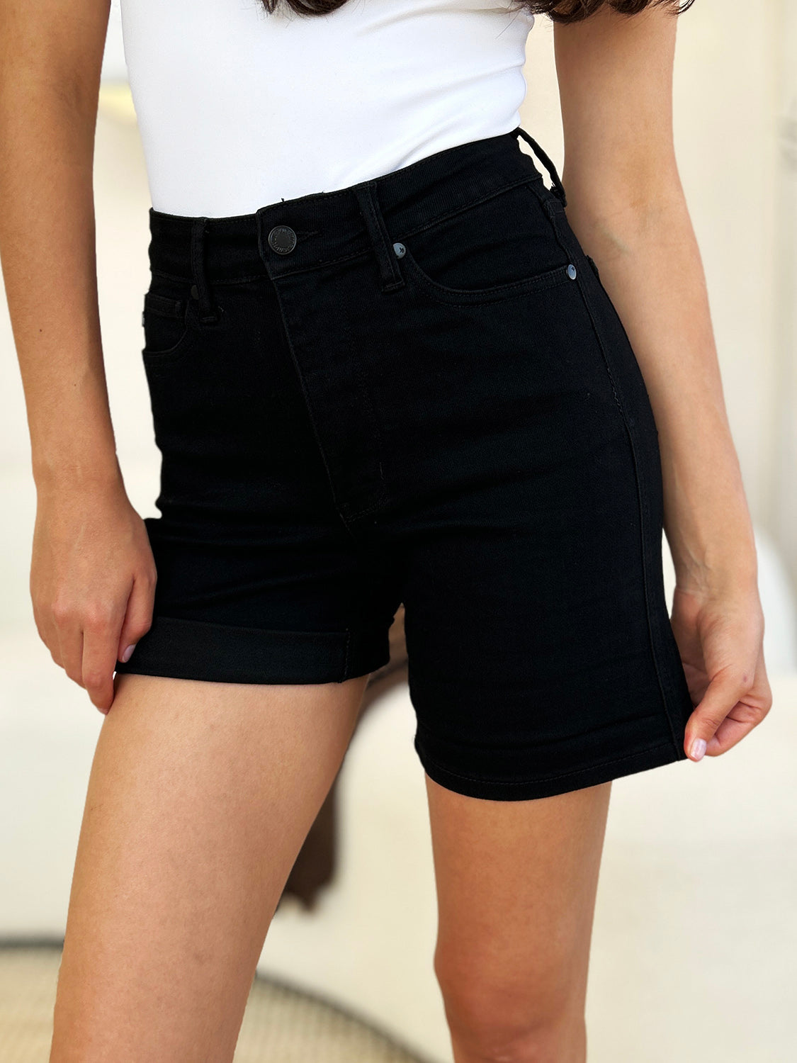 High-waist utility pocket denim shorts.