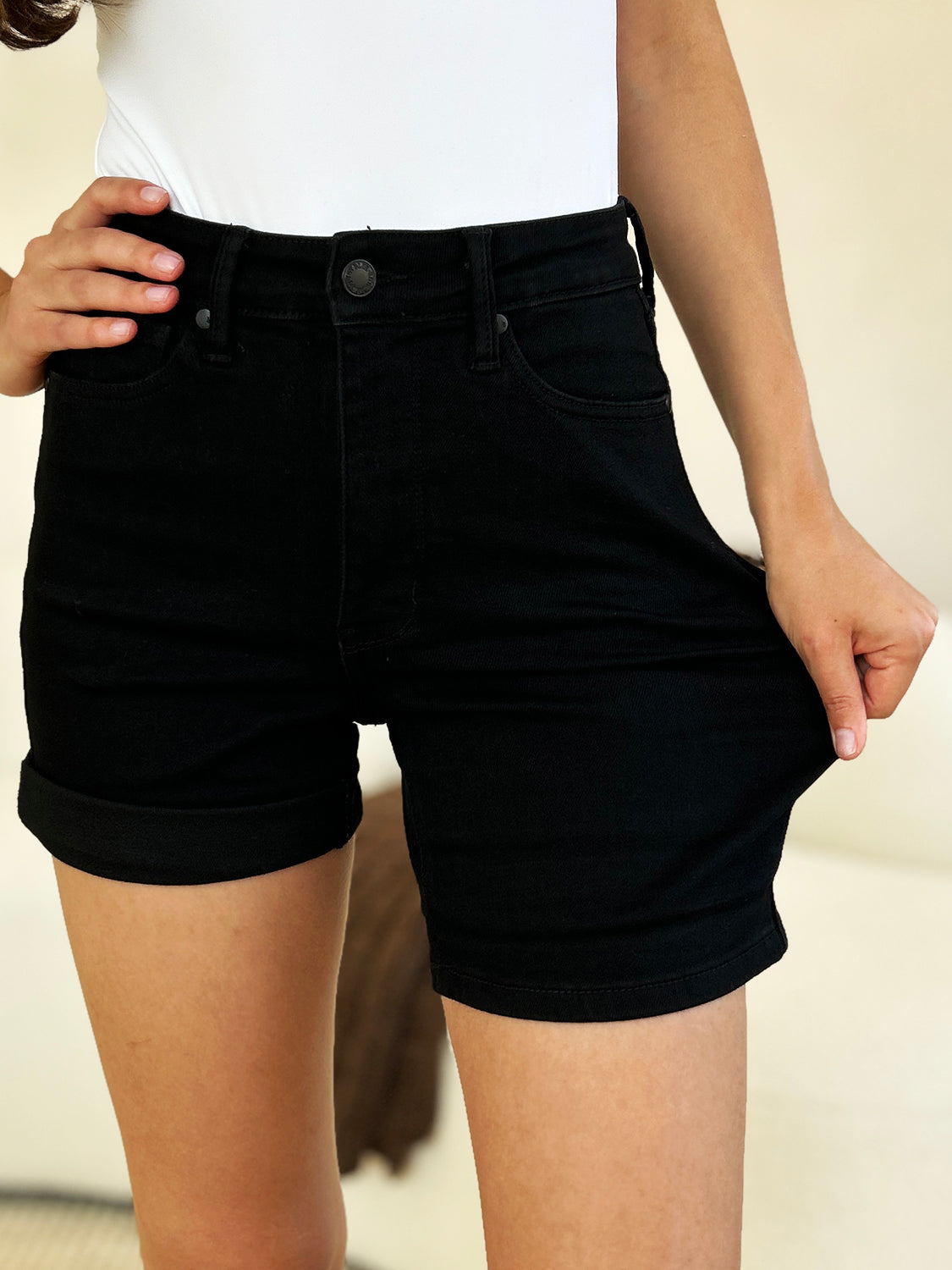 High-waist utility pocket denim shorts.
