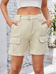 High-waist western embroidery detail cut-off denim shorts with raw hem and pockets.