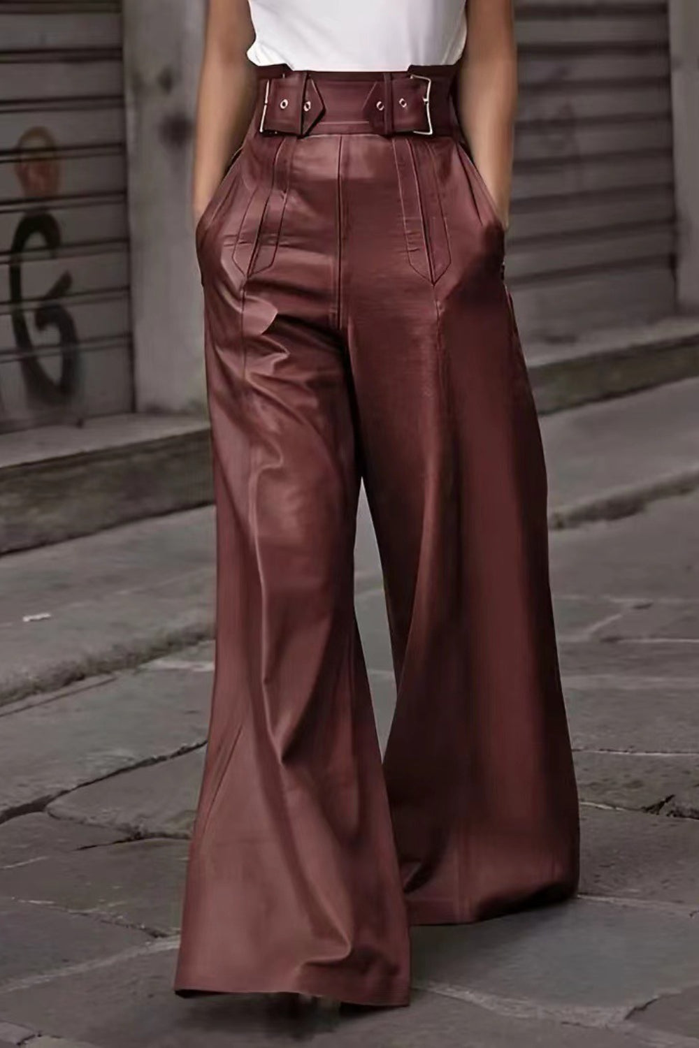 High waist wide flare pants with pockets, opaque.