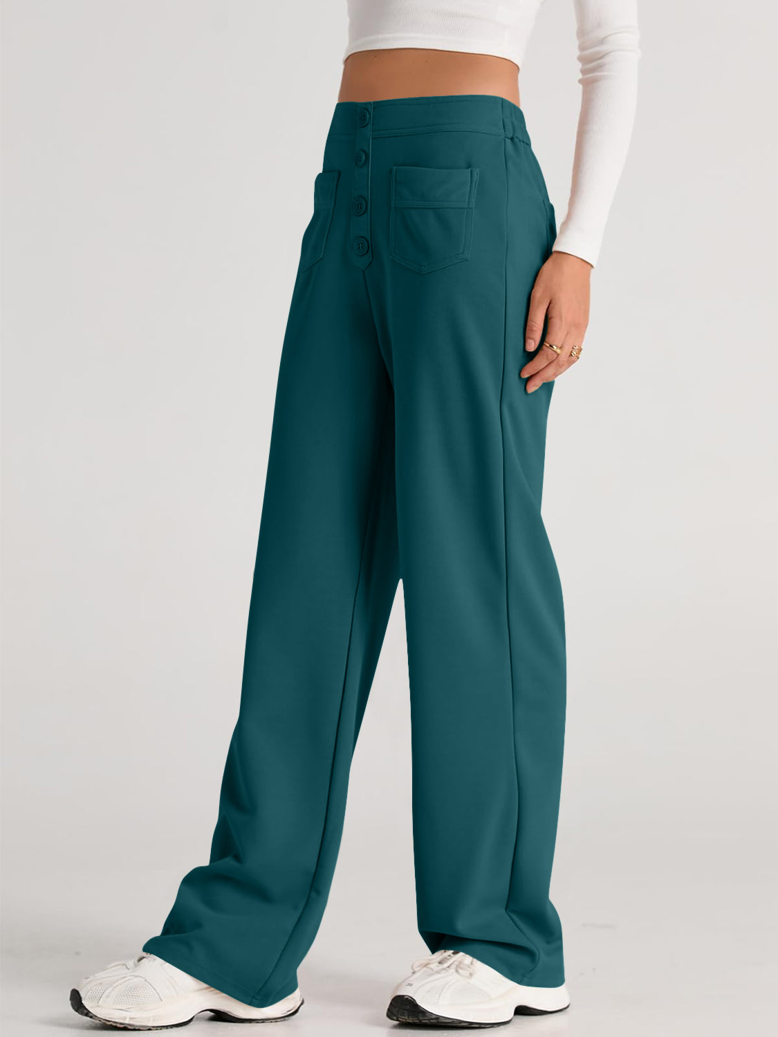 High waist wide leg pants with pockets, opaque.
