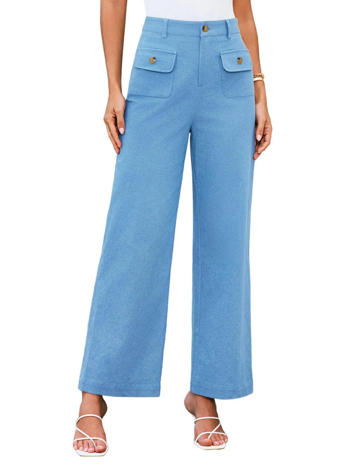 High waist wide leg pants with buttons and pockets.