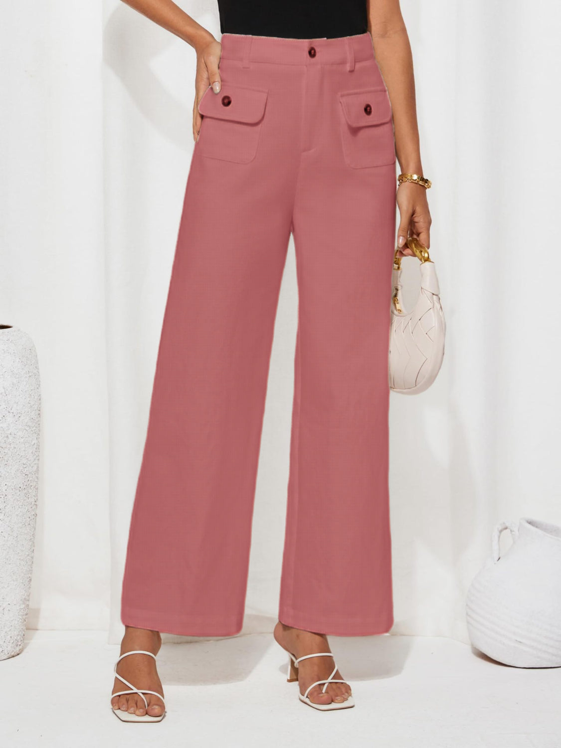 High waist wide leg pants with pockets, opaque.