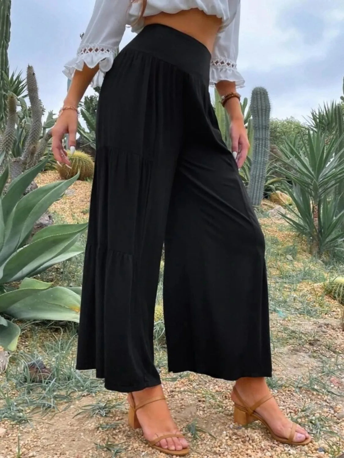 High waist wide leg pants with tiers.