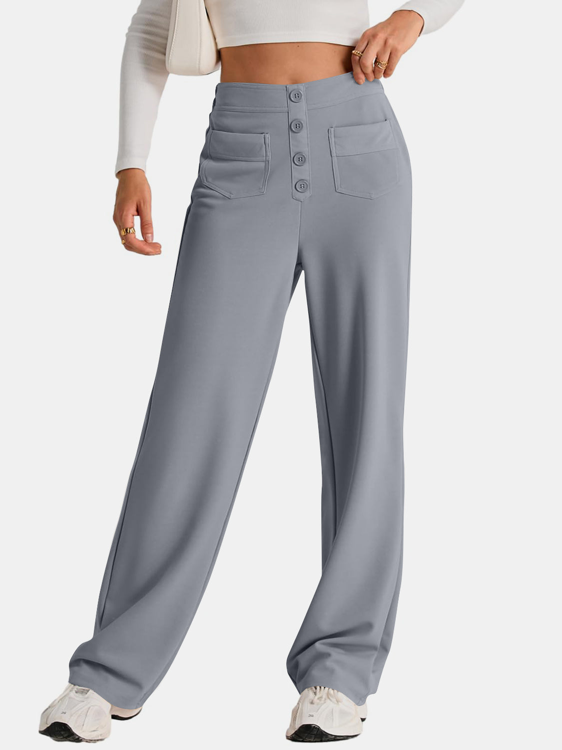 High waist wide leg pants with pockets, opaque.