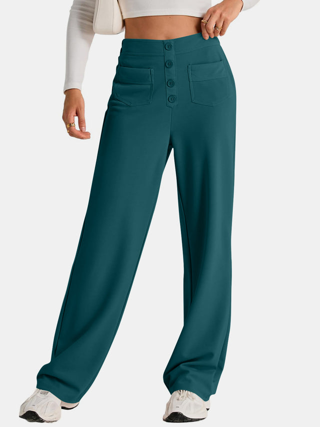 High waist wide leg pants with pockets, opaque.