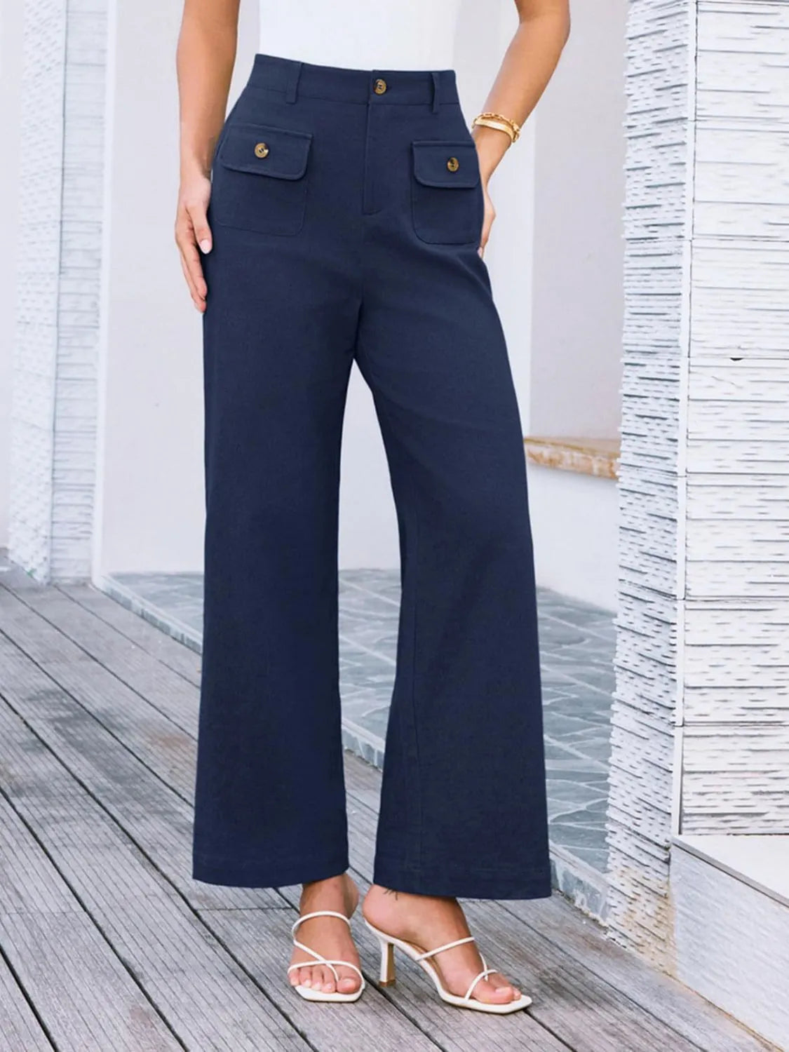 High waist wide leg pants with buttons and pockets.