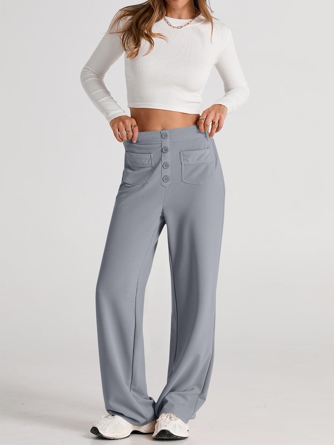 High waist wide leg pants with pockets, opaque.