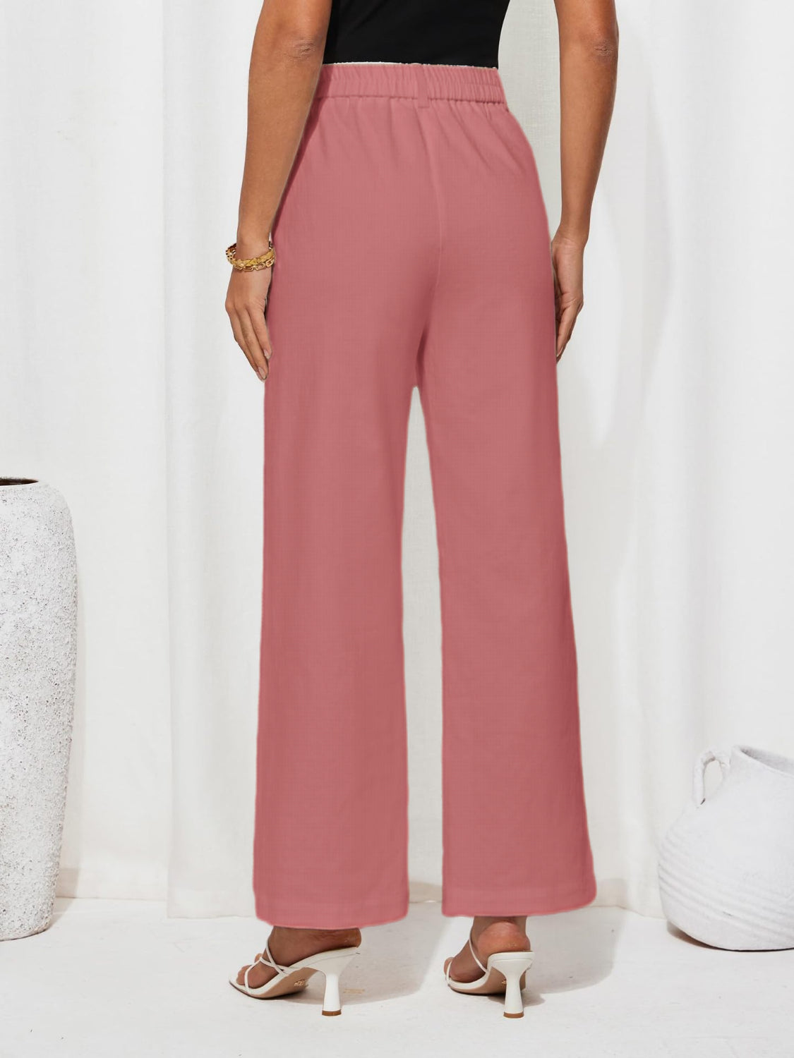 High waist wide leg pants with pockets, opaque.