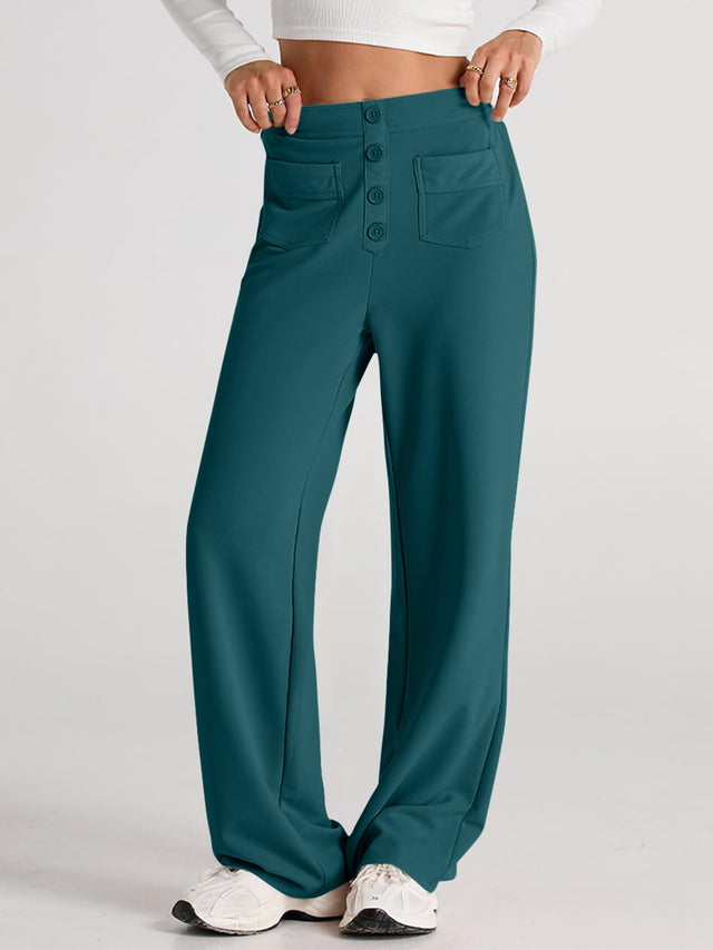 High waist wide leg pants with pockets, opaque.
