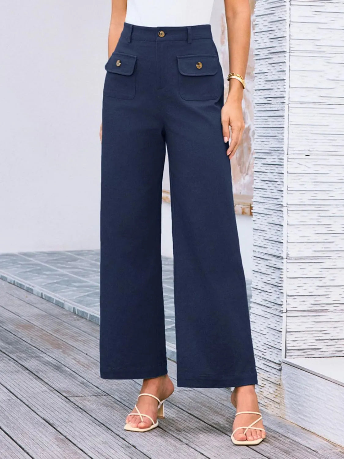 High waist wide leg pants with buttons and pockets.