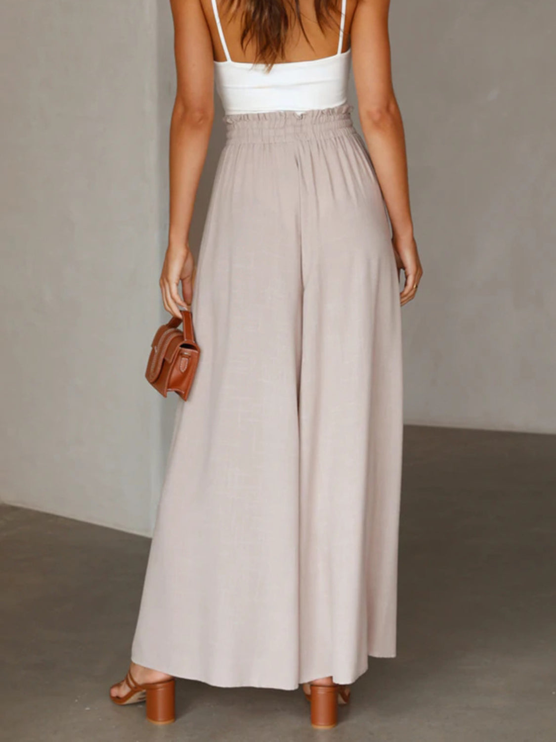 High waist wide leg pants with pockets, opaque.