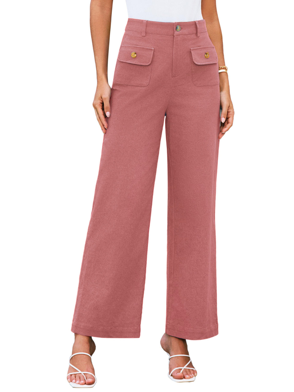 High waist wide leg pants with pockets, opaque.