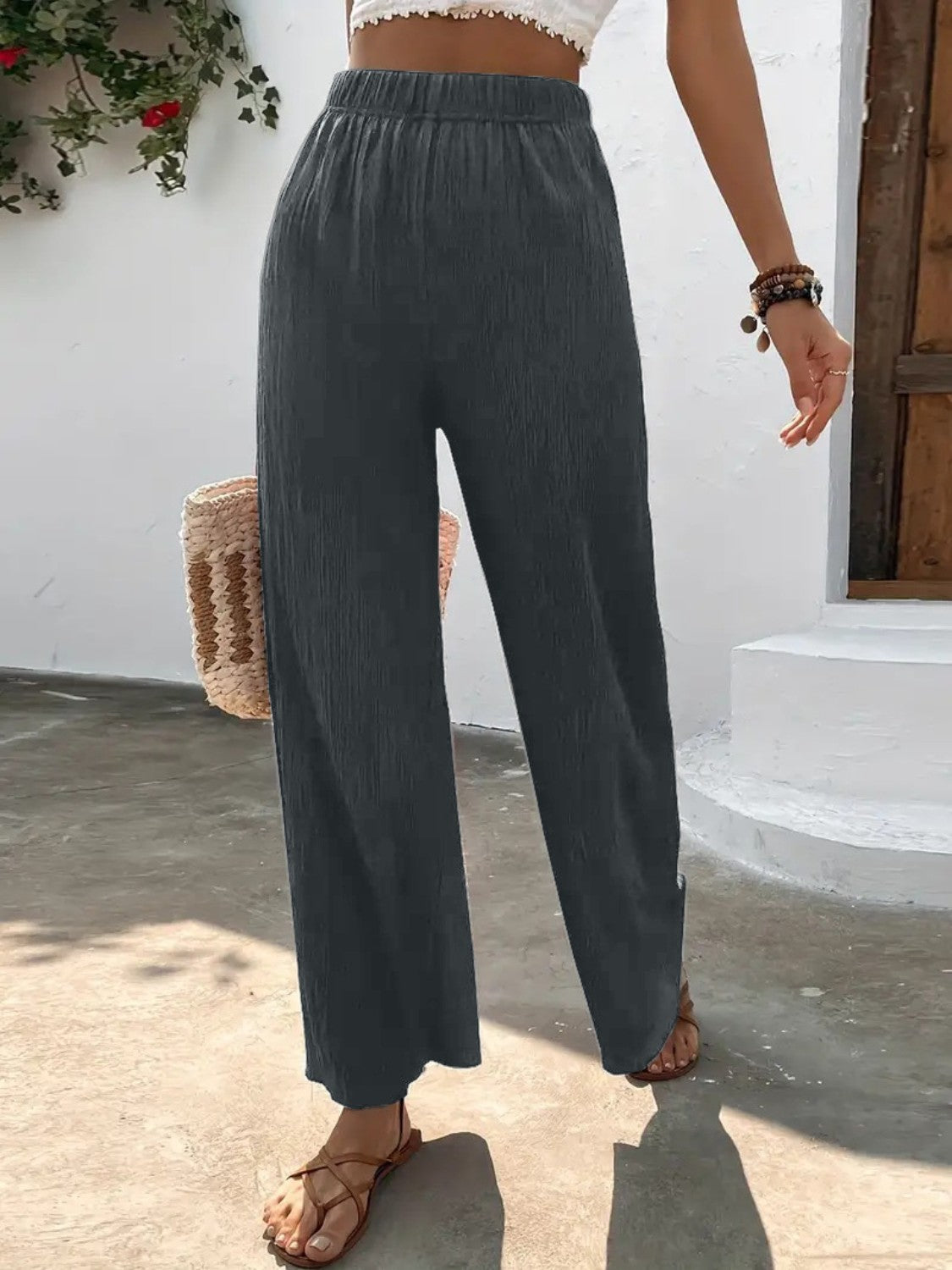Full size high waist wide leg pants, opaque.