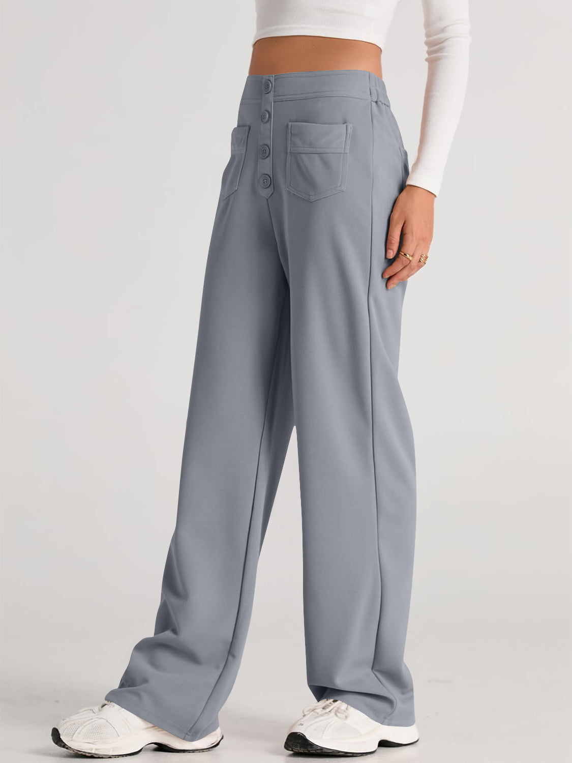 High waist wide leg pants with pockets, opaque.