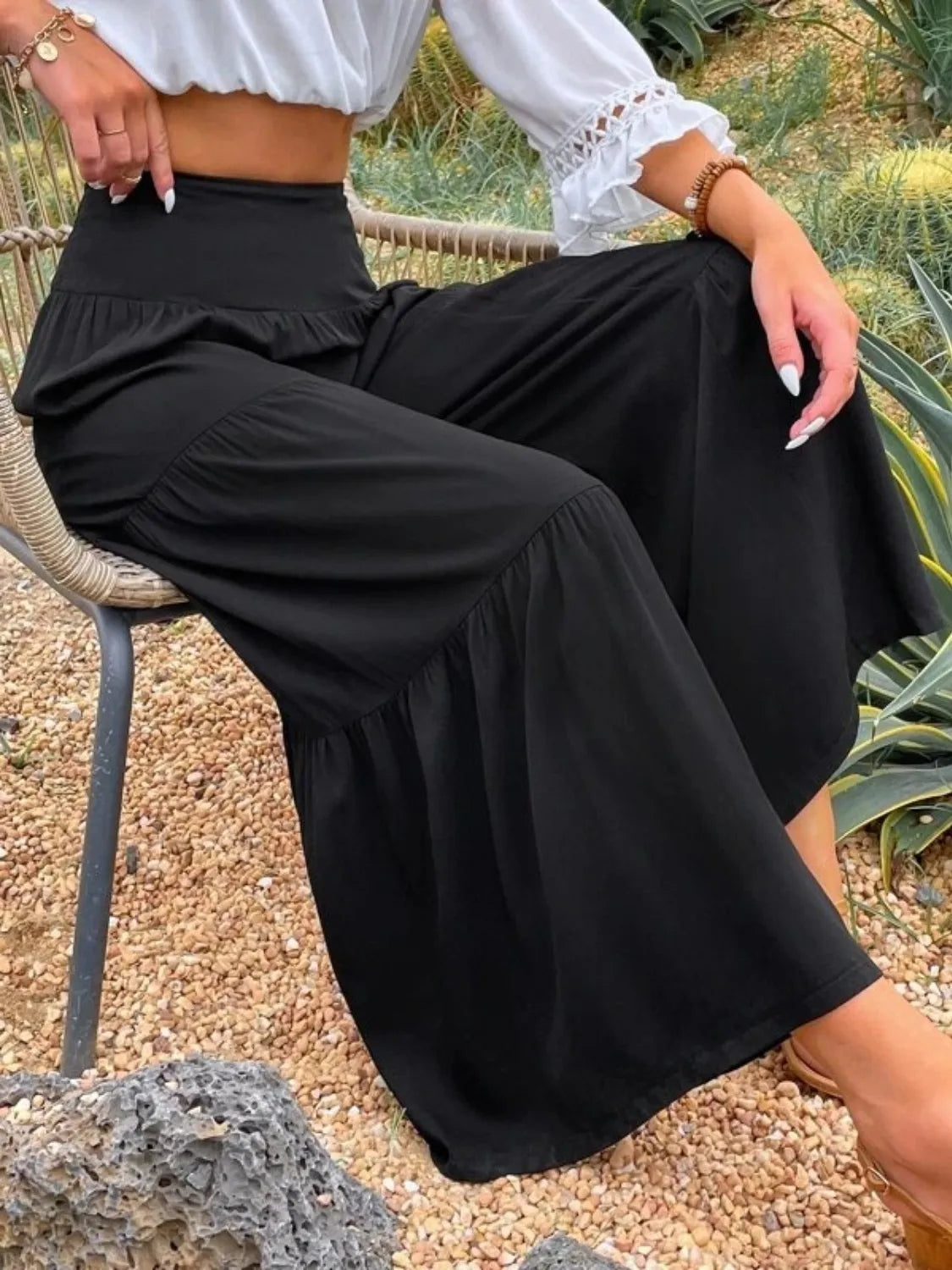 High waist wide leg pants with tiers.