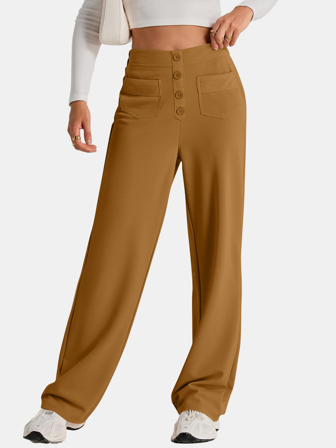 High waist wide leg pants with pockets, opaque.