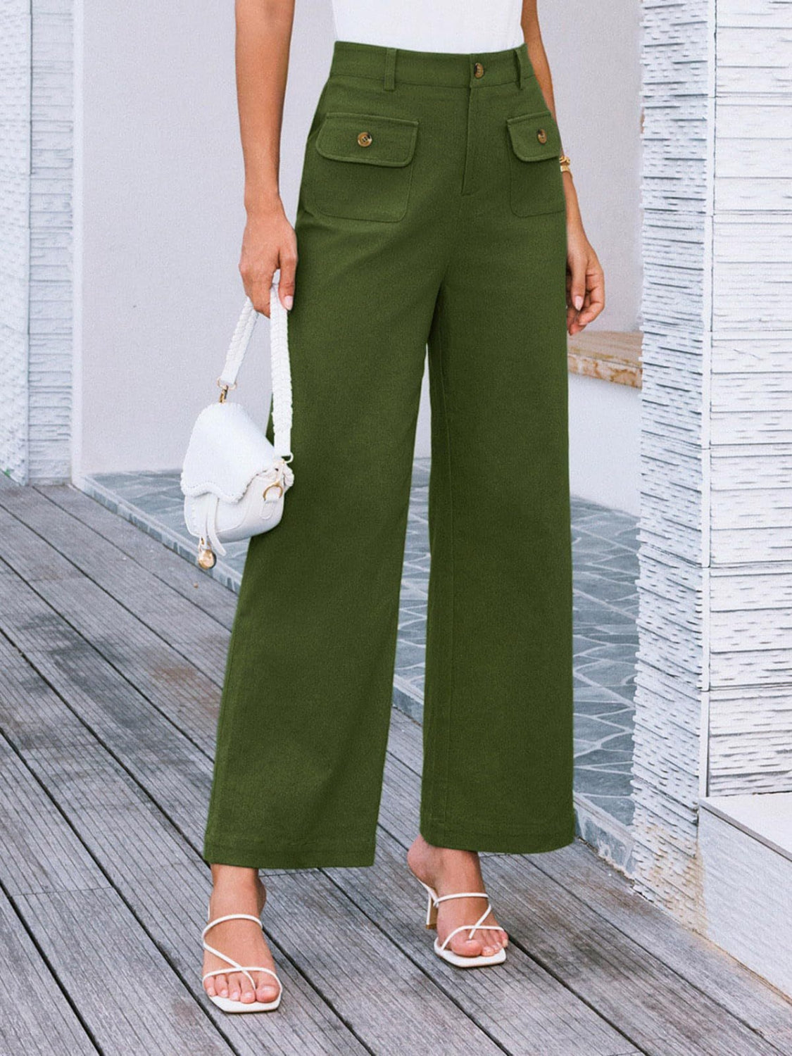 High waist wide leg pants with pockets, opaque.