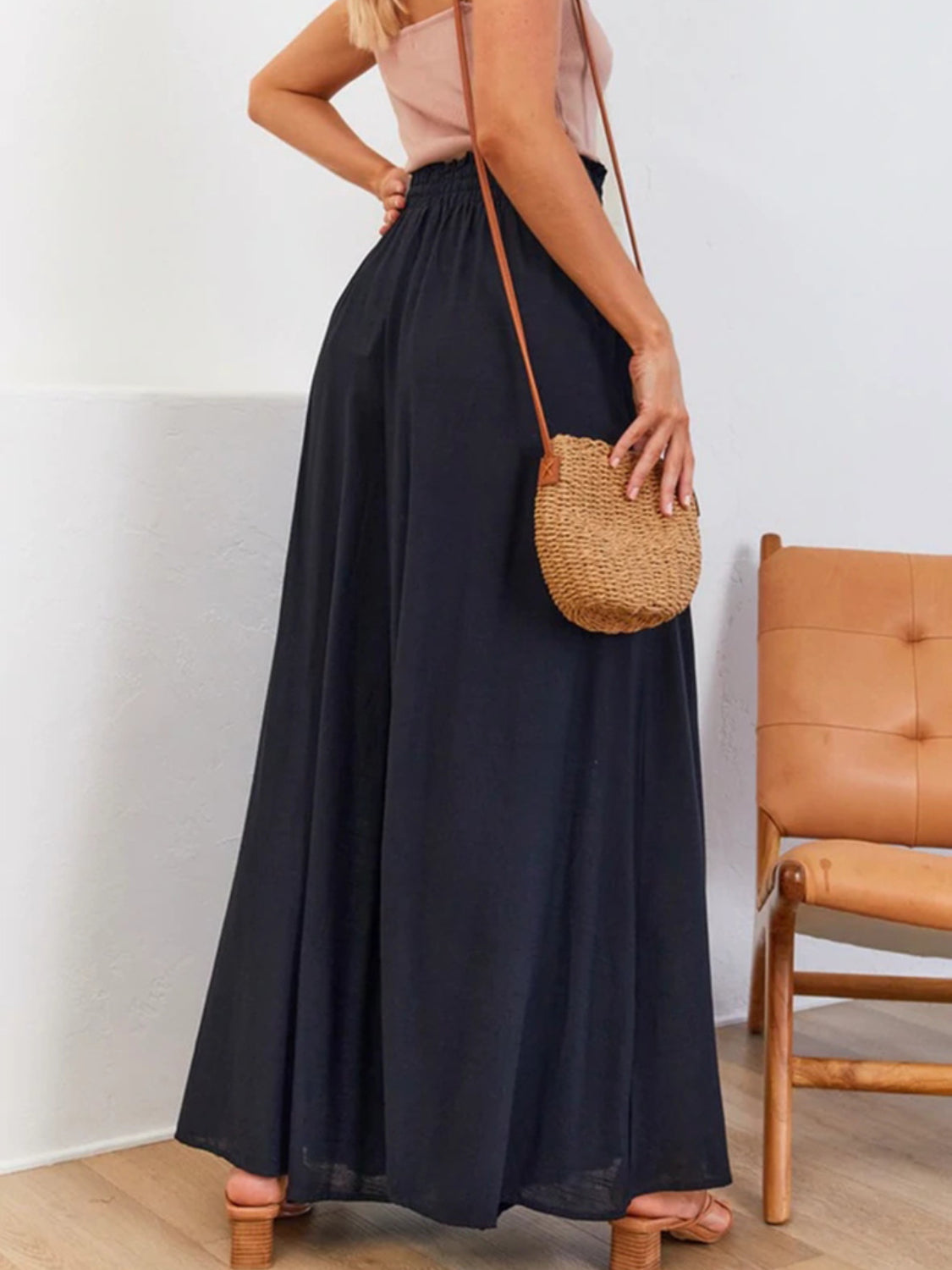 High waist wide leg pants with pockets, opaque.