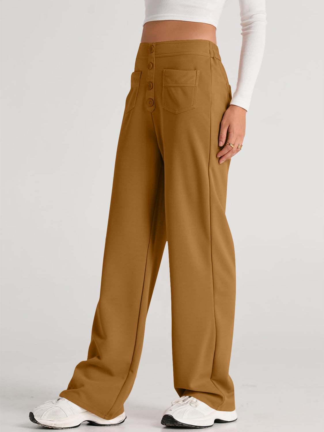 High waist wide leg pants with pockets, opaque.
