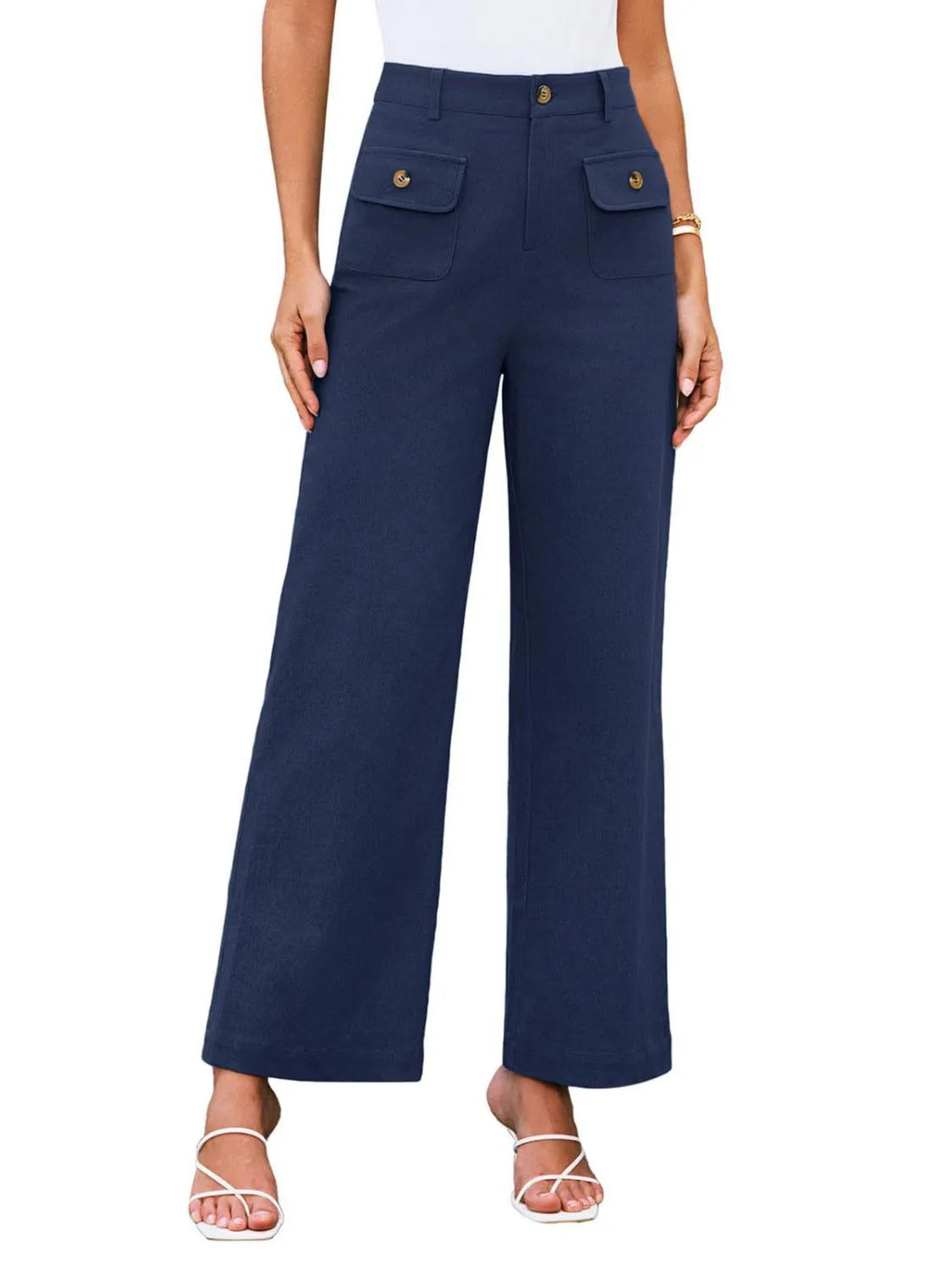 High waist wide leg pants with buttons and pockets.