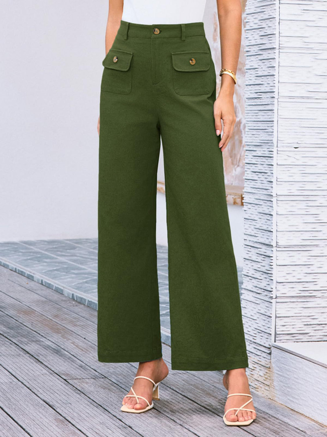 High waist wide leg pants with pockets, opaque.