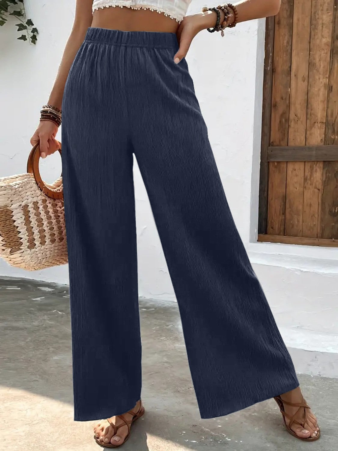 Full size high waist wide leg pants, opaque.