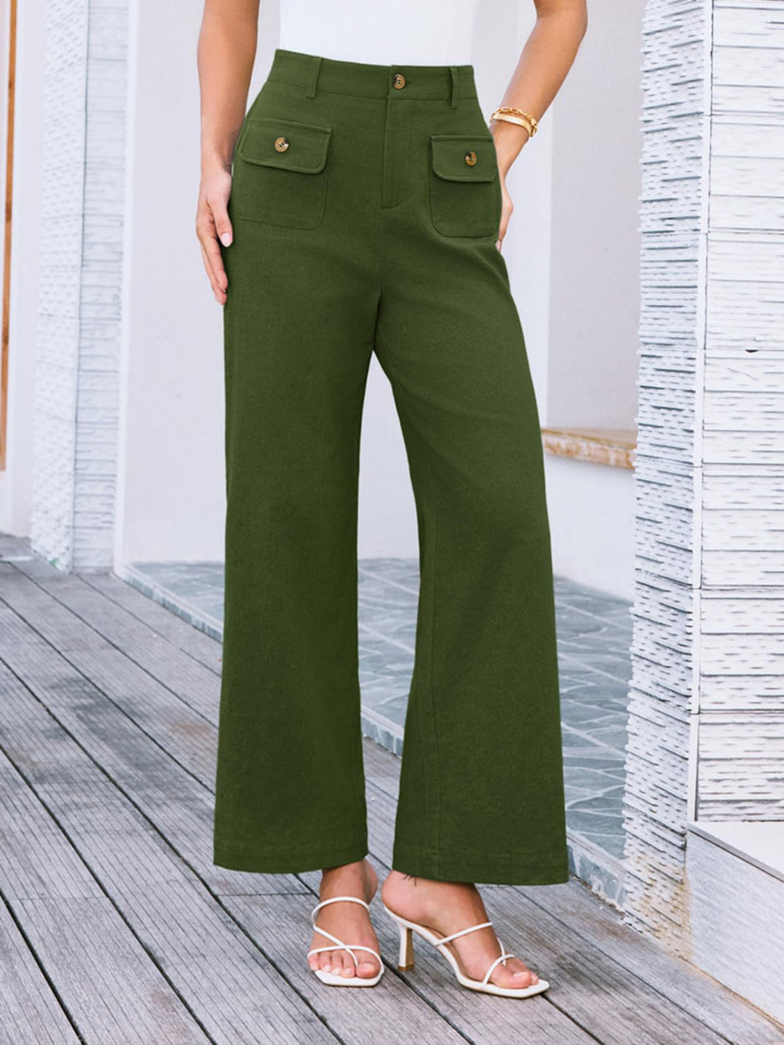 High waist wide leg pants with pockets, opaque.