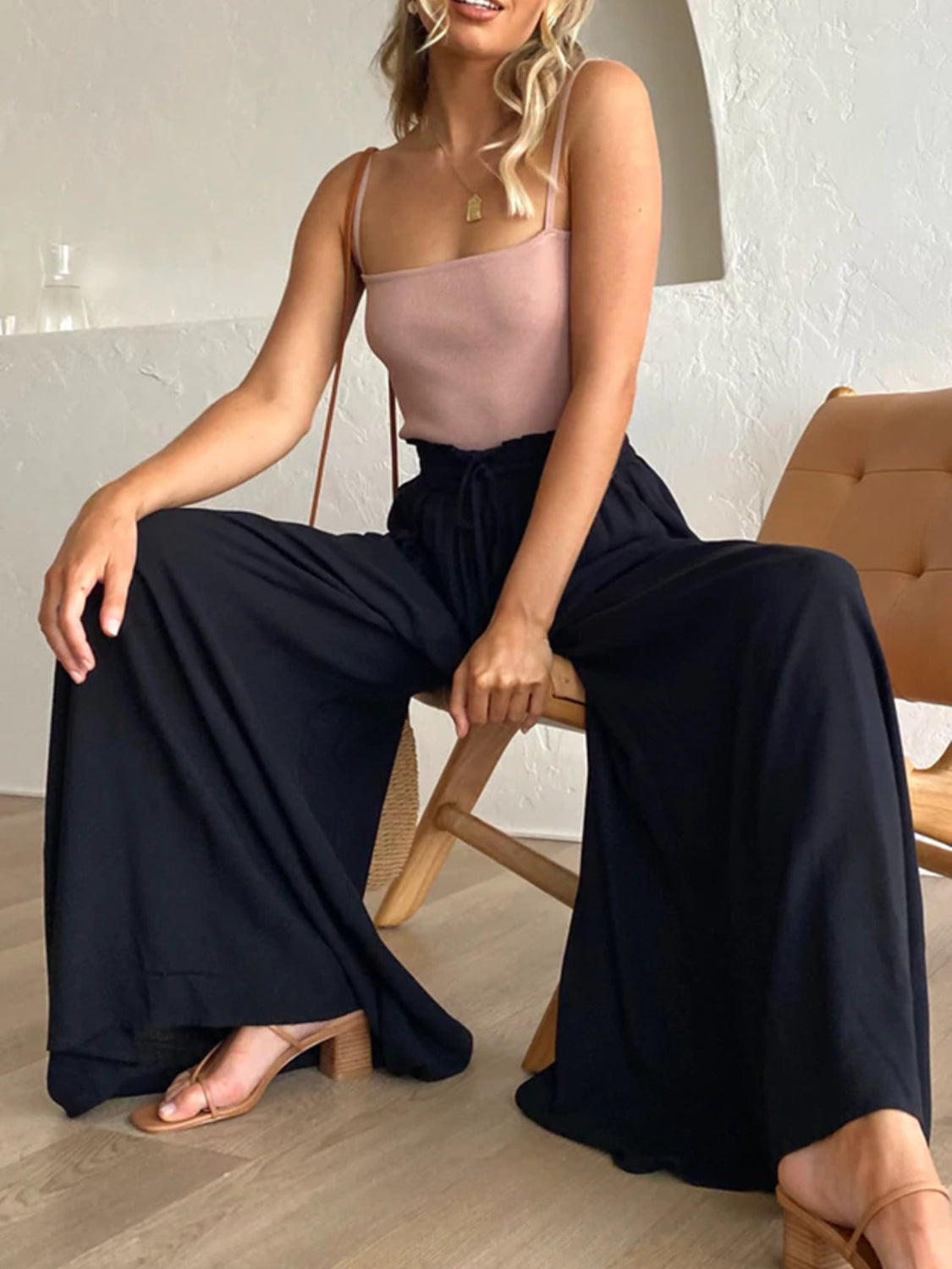 High waist wide leg pants with pockets, opaque.