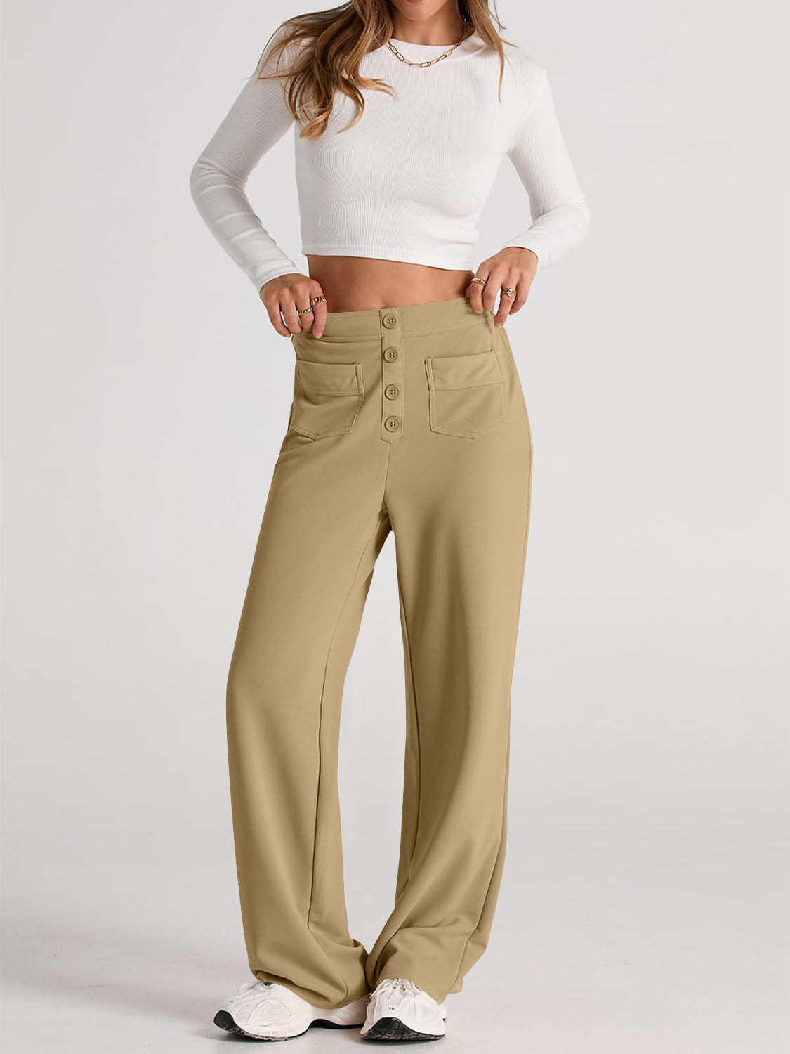 High waist wide leg pants with pockets, opaque.