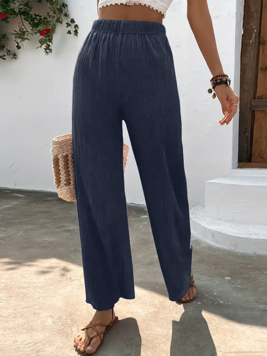 Full size high waist wide leg pants, opaque.