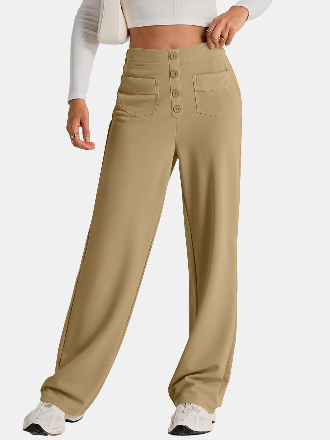 High waist wide leg pants with pockets, opaque.