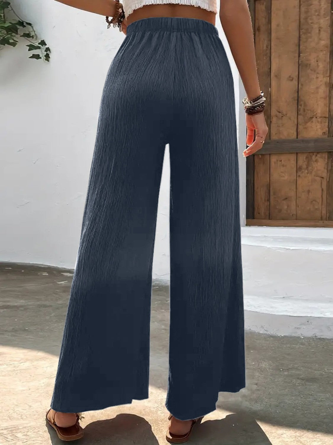Full size high waist wide leg pants, opaque.