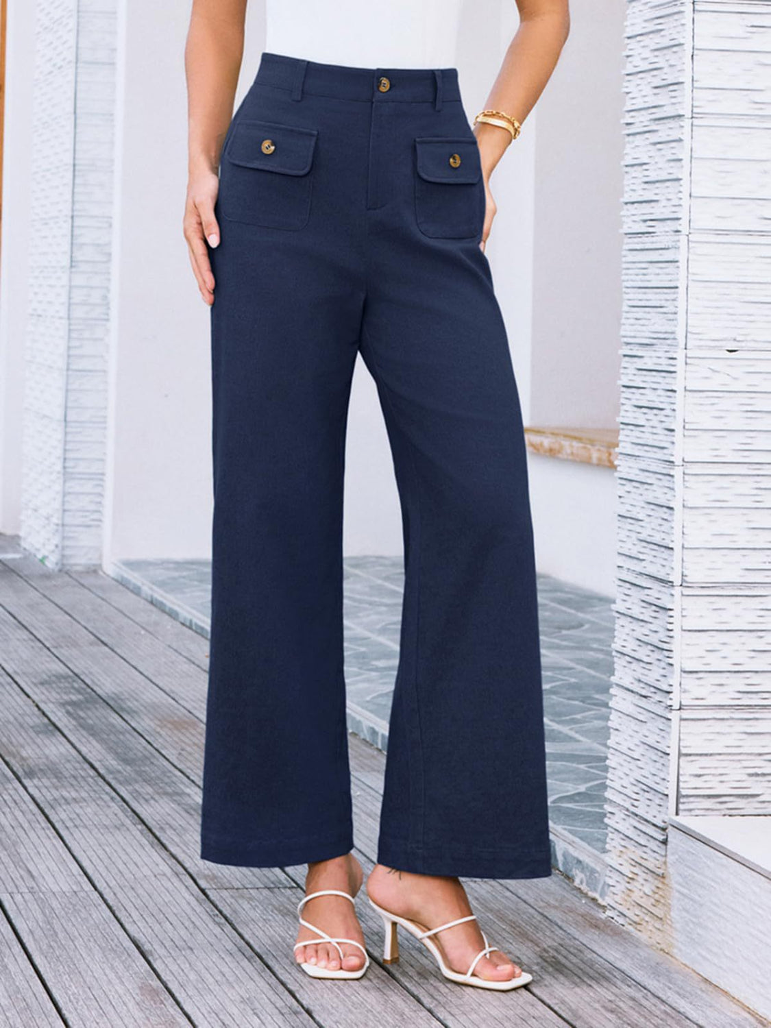 High waist wide leg pants with pockets, opaque.